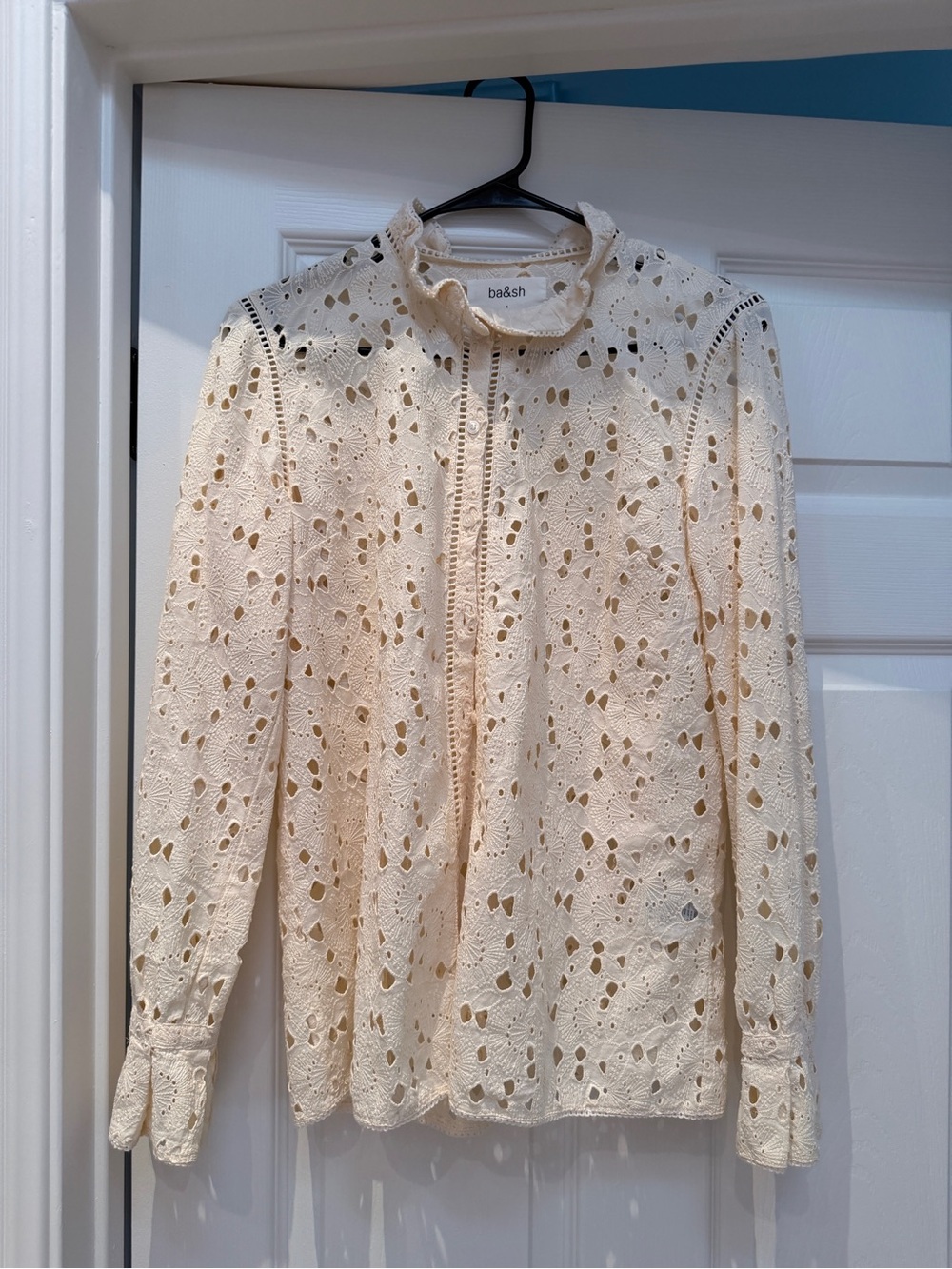 ba&sh Cream Eyelet Lace Blouse with High Neck